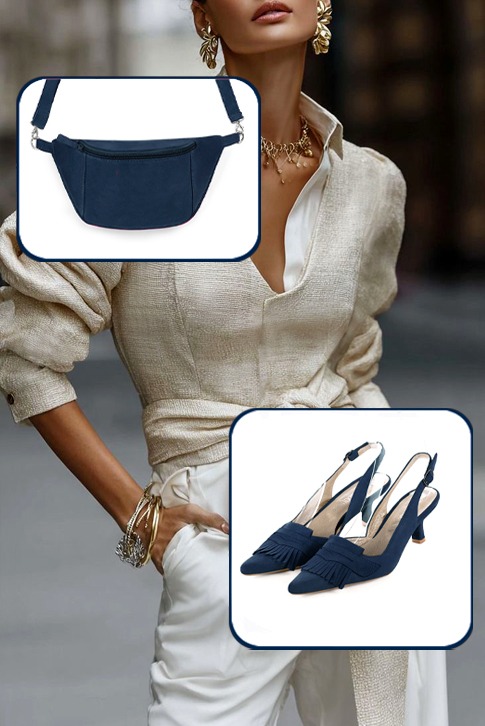 Dress slingback heels in navy blue leather with medium spool heels and pointed toe - Top view